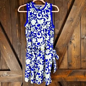Boden Blue and White Floral Print Jersey Romper Crochet Accent Trim SIze 4
